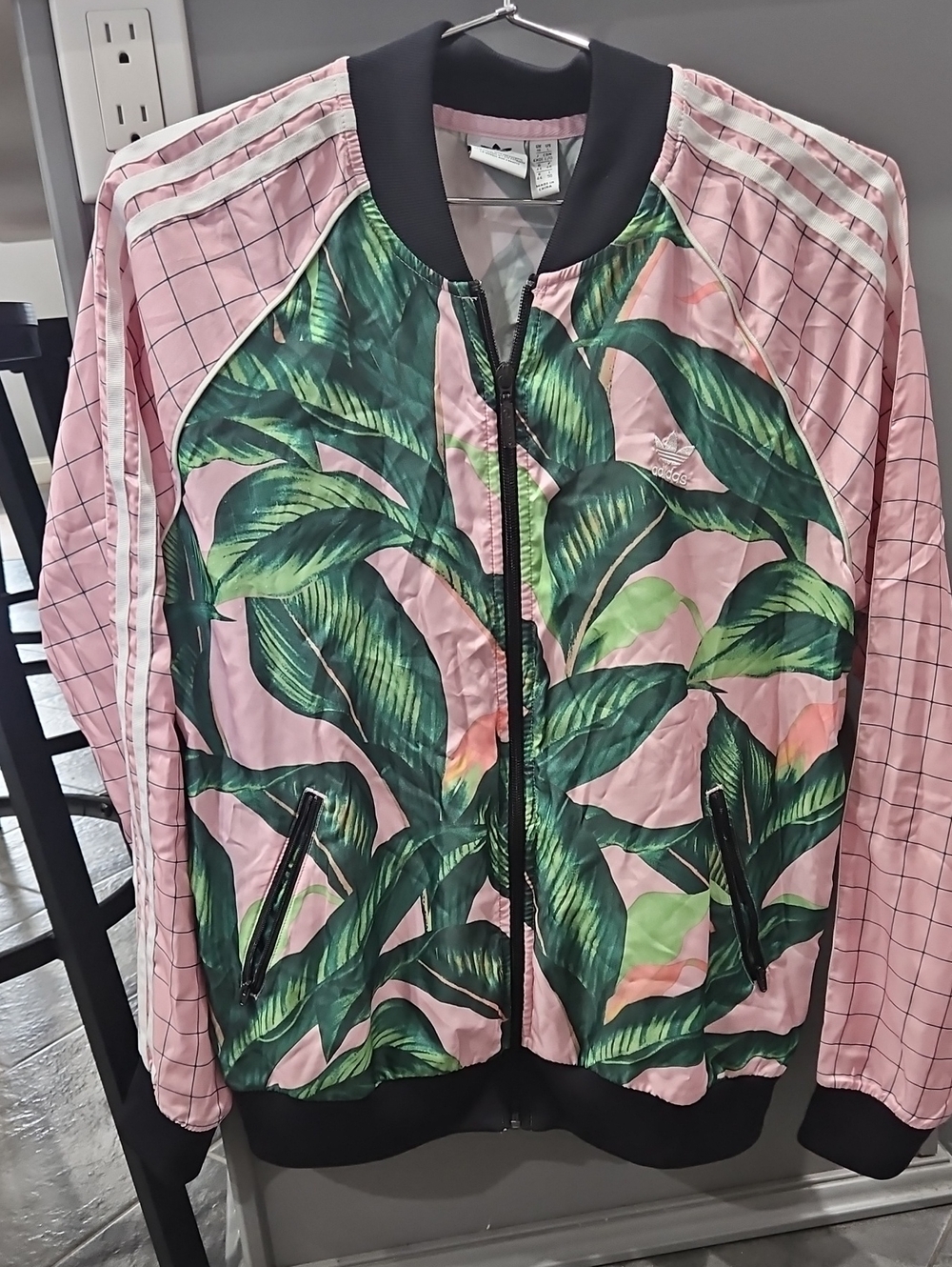 adidas Pink Tropical Leaf Print Bomber Jacket